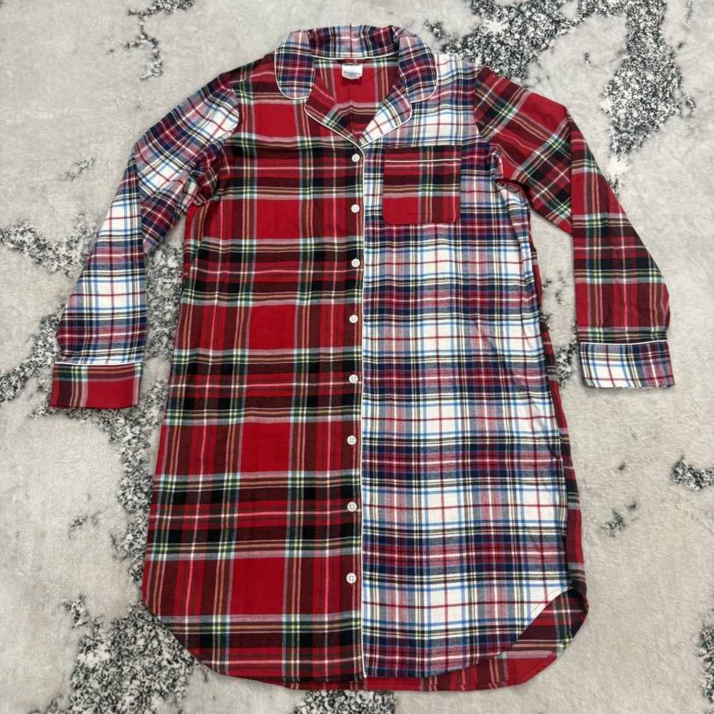 Lands End Womens M 10-12 Pathwork Plaid Flannel Nightgown Sleep Shirt